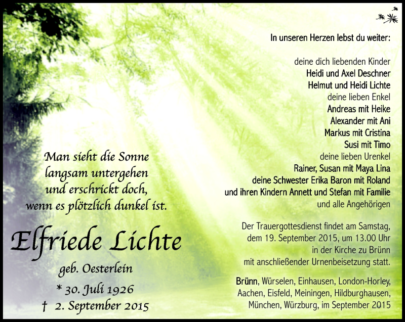  Traueranzeige für Elfriede Lichte vom 08.09.2015 aus Südthüringer Presse