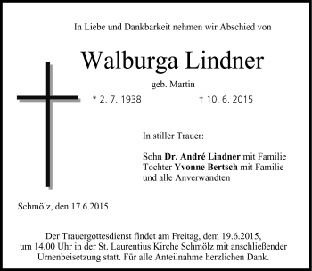 Traueranzeige von Walburga Lindner von Neue Presse Coburg