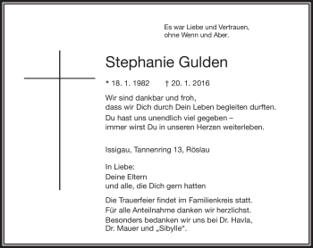 Traueranzeige von Stephanie Gulden von Frankenpost