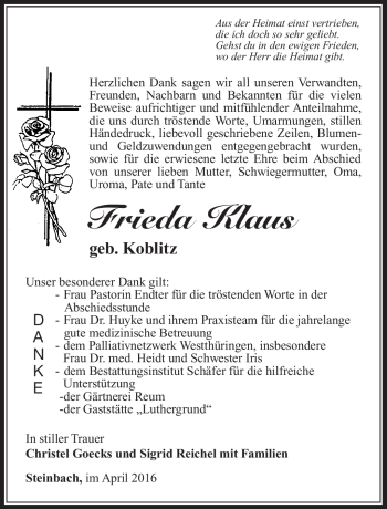 Traueranzeige von Frieda Klaus von Südthüringer Presse