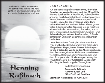 Traueranzeige von Henning Raßbach von Südthüringer Presse