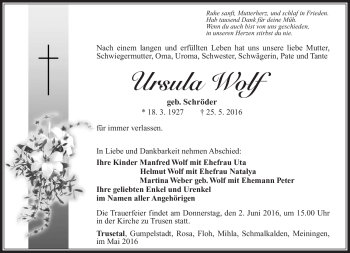 Traueranzeige von Ursula Wolf von Südthüringer Presse
