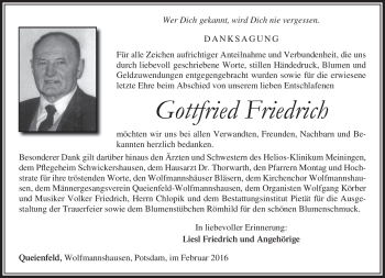 Traueranzeige von Gottfried Friedrich von Südthüringer Presse