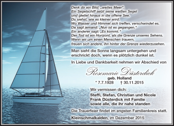 Traueranzeige von Rosemarie Düsterdick von Südthüringer Presse
