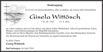 Traueranzeige von Gisela Wittösch von Südthüringer Presse