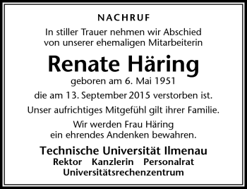 Traueranzeige von Renate Häring von Südthüringer Presse