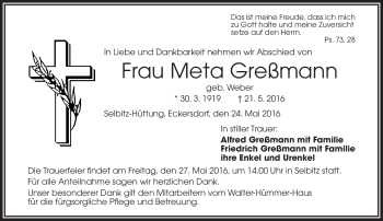Traueranzeige von Meta Greßmann von Frankenpost