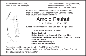 Traueranzeige von Arnold Rauhut von Frankenpost