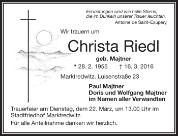 Traueranzeige von Christa Riedl von Frankenpost