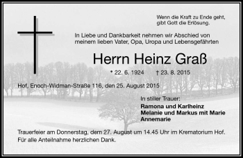 Traueranzeige von Heinz Graß von Frankenpost