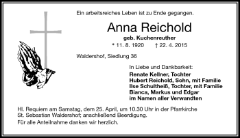 Traueranzeige von Anna Reichold von Frankenpost