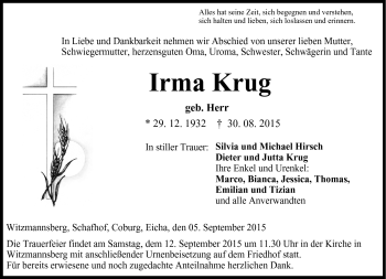 Traueranzeige von Irma Krug von Neue Presse Coburg