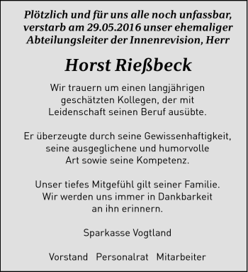 Traueranzeige von Horst Rießbeck von Frankenpost