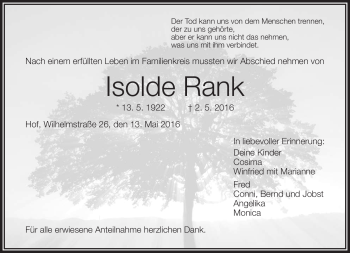 Traueranzeige von Isolde Rank von Frankenpost