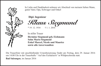 Traueranzeige von Klaus Siegmund von Südthüringer Presse