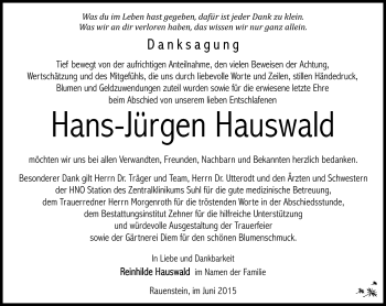 Traueranzeige von Hans-Jürgen Hauswald von Südthüringer Presse