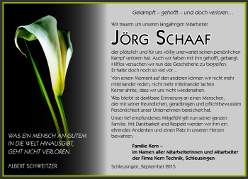 Traueranzeige von Jörg Schaaf von Südthüringer Presse