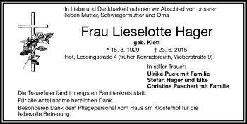 Traueranzeige von Lieselotte Hager von Frankenpost