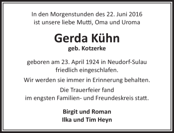Traueranzeige von Gerda Kühn von Südthüringer Presse