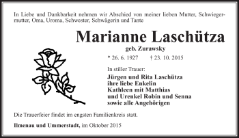 Traueranzeige von Marianne Laschütza von Südthüringer Presse