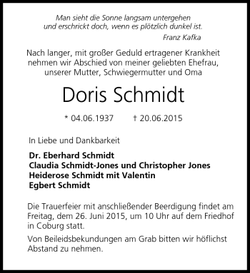 Traueranzeige von Doris Schmidt von Neue Presse Coburg
