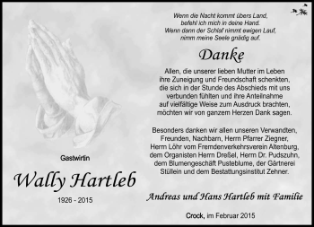 Traueranzeige von Wally Hartleb von Südthüringer Presse