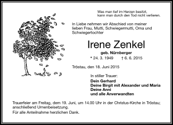 Traueranzeige von Irene Zenkel von Frankenpost