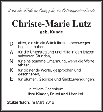 Traueranzeige von Christe-Marie Lutz von Südthüringer Presse