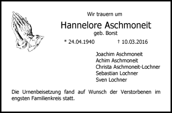 Traueranzeige von Hannelore Aschmoneit von Neue Presse Coburg