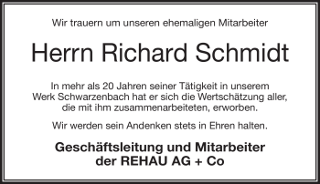 Traueranzeige von Richard Schmidt von Frankenpost