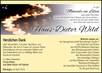 Traueranzeige von Hans-Dieter Wild von Südthüringer Presse
