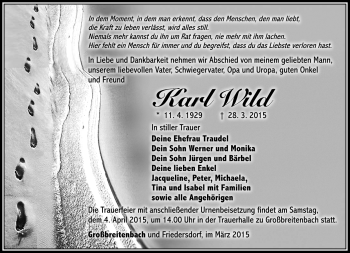 Traueranzeige von Karl Wild von Südthüringer Presse