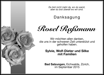 Traueranzeige von Rosel Raßmann von Südthüringer Presse