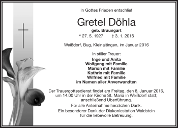 Traueranzeige von Gretel Döhla von Frankenpost