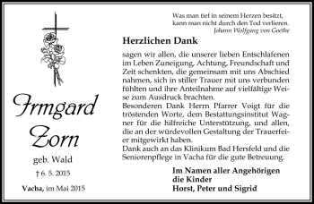 Traueranzeige von Irmgard Zorn von Südthüringer Presse