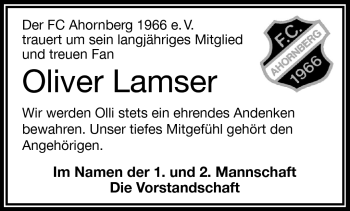 Traueranzeige von Oliver Lamser von Frankenpost