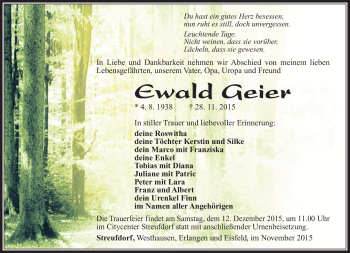 Traueranzeige von Ewald Geier von Südthüringer Presse