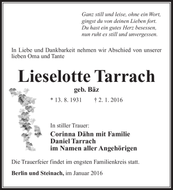 Traueranzeige von Liselotte Tarrach von Südthüringer Presse