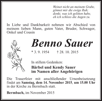 Traueranzeige von Benno Sauer von Südthüringer Presse