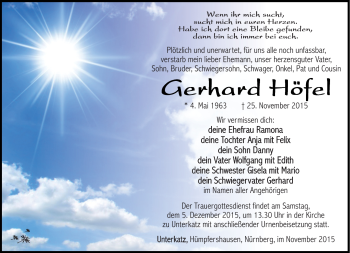 Traueranzeige von Gerhard Höfel von Südthüringer Presse
