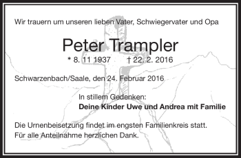 Traueranzeige von Peter Trampler von Frankenpost