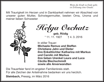 Traueranzeige von Helga Oschatz von Südthüringer Presse