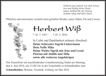 Traueranzeige von Herbert Wiß von Südthüringer Presse