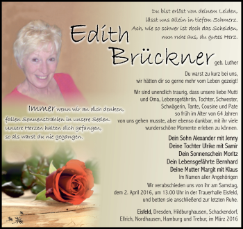 Traueranzeige von Edith Brückner von Südthüringer Presse