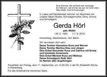 Traueranzeige von Gerda Hörl von Frankenpost
