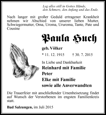 Traueranzeige von Paula Huch von Südthüringer Presse