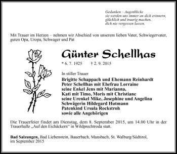 Traueranzeige von Günter Schelhas von Südthüringer Presse