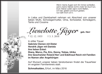 Traueranzeige von Lieselotte Jäger von Südthüringer Presse