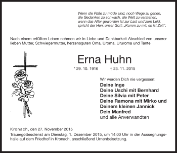 Traueranzeige von Erna Huhn von Neue Presse Coburg