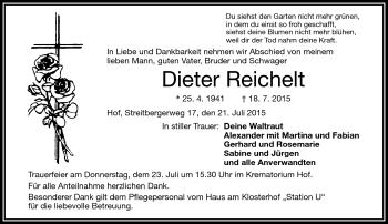 Traueranzeige von Dieter Reichelt von Frankenpost